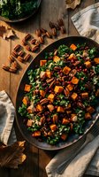 Autumn kale salad with roasted sweet potato, pecans, cranberries, and pomegranate seeds on rustic wooden table, fall harvest meal.