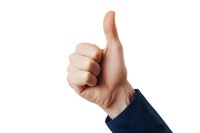 Caucasian hand showing thumbs up gesture against white background, wearing navy blue sleeve. Positive approval and success concept for business presentations.