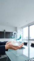 Businessman hands presenting holographic DNA helix with gears in modern office environment representing biotechnology innovation and genetic research advancement.