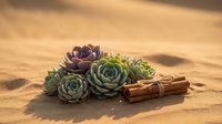 Succulent plants and cinnamon sticks arranged on warm sand creating natural spa wellness composition for relaxation and aromatherapy concepts.