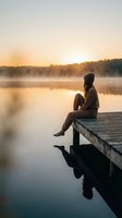 Woman sitting on wooden dock at sunrise over misty lake, contemplating peaceful water landscape with forest reflection for meditation and wellness concepts.