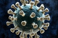 Microscopic view of coronavirus cell structure showing characteristic spike proteins on blue-tinted spherical surface against dark background for medical education.