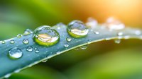Macro photography of crystal clear water drops on green leaf surface with natural bokeh background and morning sunlight creating reflections.