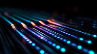 Glowing neon lines and dots create futuristic technology pattern with blue and purple gradient lighting effects against dark background, suitable for tech concepts.