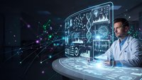 Male scientist analyzing DNA data on futuristic holographic interface in modern laboratory with digital technology and molecular structures.