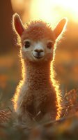Baby alpaca portrait in golden sunset light with backlit fur creating glowing halo effect, looking directly at camera with gentle expression in natural setting.