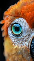 Extreme macro close up of orange bird eye with bright turquoise iris, detailed feathers and skin texture showing intricate patterns against dark background.