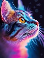 Mystical cat profile with vibrant neon colors, glowing yellow eyes against dark background. Detailed fur texture in pink and blue hues creates ethereal artistic effect.