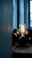 Glowing vintage filament bulb surrounded by dark spheres on wooden surface with blue curtains and window light in background for creative concepts.