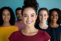 Diverse group of young women and man smiling at camera against blue background, showcasing genuine happiness and inclusivity in workplace or social setting.