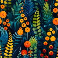 Vibrant floral seamless pattern with orange gerbera daisies and abstract leaves in deep blue and green tones, repeating botanical design for fabric and decor.