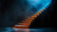 Glowing orange steps ascending into dark misty atmosphere with dramatic lighting and mysterious ambiance, floating stairway leading upward against deep blue background.