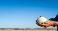 Close-up of worker's hands holding white hard hat against clear blue sky and desert landscape, representing construction safety and occupational protection.
