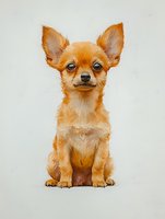Adorable red Chihuahua puppy sitting on white background, painted in soft watercolor style with expressive eyes and alert ears. For pet portraits and animal art.