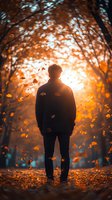 Silhouette of man standing in autumn forest at sunset with falling leaves creating magical atmosphere. Orange sunlight streaming through trees creates bokeh effect.