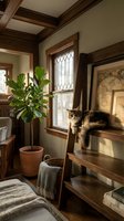 Cozy home interior with tabby cat resting on wooden shelf near leaded glass window, featuring exposed beams, houseplant and vintage maps in warm natural light.