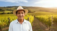 Senior male farmer wearing straw hat standing in vineyard during golden hour, rows of grapevines extending into distance, agricultural landscape, wine production.