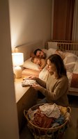 Young mother folding baby clothes in warm bedroom while father and infant sleep peacefully in bed with soft lamp lighting creating cozy family atmosphere.
