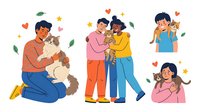 People hugging cats with love and joy, flat cartoon characters isolated on white background, pet care and adoption concept.
