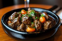 Homemade beef meatballs with carrots and fresh herbs in rich brown gravy sauce, served in black ceramic bowl on wooden table. Comfort food dining.
