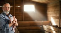 Middle-aged man with gray beard and hair, Caucasian ethnicity, wearing casual blue shirt, holding young piglet in rustic barn setting with warm natural light streaming through windows, suitable for agriculture, farming, livestock, and rural business concepts.