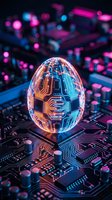 Glowing neon egg with circuit board patterns sits on digital motherboard with blue and magenta bokeh lights, representing artificial intelligence and technology innovation.