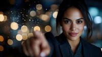 Young professional Hispanic businesswoman pointing forward with confident expression against blurred city lights bokeh background at night.