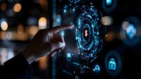 Hand touching futuristic holographic interface with glowing blue digital circles and data visualization in dark tech environment for business presentations.