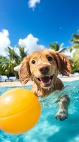 Happy wet golden retriever puppy playing with yellow ball in swimming pool on tropical beach with palm trees and blue sky background. Perfect for pet care advertising.