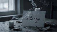 Monochrome sorry card on rustic wooden table with smoking candles and dried leaves, evoking sympathy, grief, and heartfelt apology.