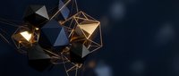 Abstract geometric shapes in gold and black with glowing light effects on dark background, suitable for modern design, technology, and corporate branding projects.