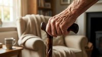 Senior man's weathered hand gripping wooden walking cane in cozy living room interior with soft natural lighting and comfortable furniture.
