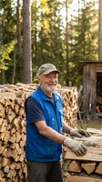 Senior Caucasian lumberjack in blue vest and cap smiling while working with firewood logs in forest setting for heating and woodworking projects.