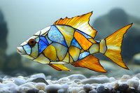 Geometric stained glass fish in blue and orange swimming above pebbles, artistic mosaic style marine creature with detailed fins and scales. Decorative underwater scene.