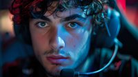 Young male model with curly dark hair in dramatic neon lighting wearing headset microphone, close-up portrait with red and blue cinematic illumination.