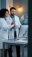Two diverse medical professionals analyzing heart scan on computer monitor in modern hospital laboratory for cardiology research and diagnosis.