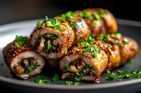 Juicy stuffed chicken rolls with mushrooms and herbs on black plate, garnished with fresh parsley. Golden-brown meat with savory filling in moody lighting.