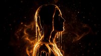 Glowing golden woman silhouette with molten drips and fire flames on dark background, mystical fantasy concept art.