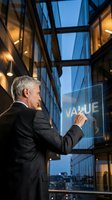 Mature Caucasian businessman in suit writing VALUE on glass screen in modern office building with city view at dusk for corporate strategy presentations.