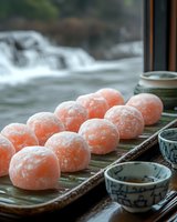 Pink mochi balls dusted with powdered sugar arranged in line on bamboo mat with traditional ceramic tea cups, creating serene Japanese dessert setting.