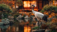Elegant crane standing by tranquil pond in Japanese garden at sunset, with traditional architecture and autumn foliage creating serene atmosphere.