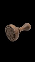 Wooden stamp with ornate floral design on circular head and turned handle, isolated on transparent background. Ready for crafts, sublimation, print-on-demand products, and design projects.