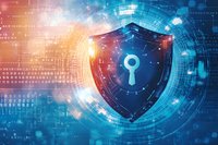 Digital shield with glowing keyhole icon against futuristic cyber background with binary code and circuit patterns in orange and blue tones for cybersecurity concepts.