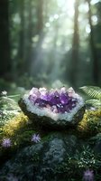 Raw amethyst crystal cluster nestled in moss with sunlit forest backdrop, purple gemstone formation surrounded by delicate flowers and ferns in nature.