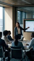 Professional businesswoman presenting financial data to diverse team in modern conference room with large screen and glass walls.