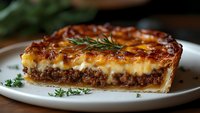 Homemade meat pie slice with golden melted cheese crust and ground beef filling garnished with fresh rosemary herbs served on white plate, close up view.