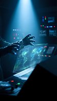 Cybersecurity expert analyzing global network threats on holographic display in dark control room with dramatic blue lighting for technology concepts.