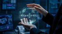 Hands holding glowing digital globe with network connections in modern tech environment, representing global business, data connectivity, and innovation for corporate communications.