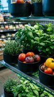 Fresh herbs and colorful tomatoes displayed in black bowls on grocery store shelves for healthy cooking and culinary ingredients selection.