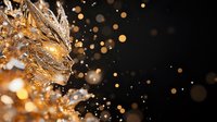 Sparkling golden frost crystals with bokeh light effects on black background, macro photography capturing winter magic and seasonal atmosphere.